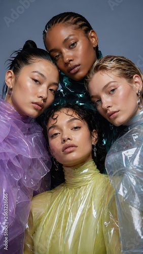 Diverse young women posing in colorful translucent PVC ruffled fashion for a modern beauty and style editorial portrait.