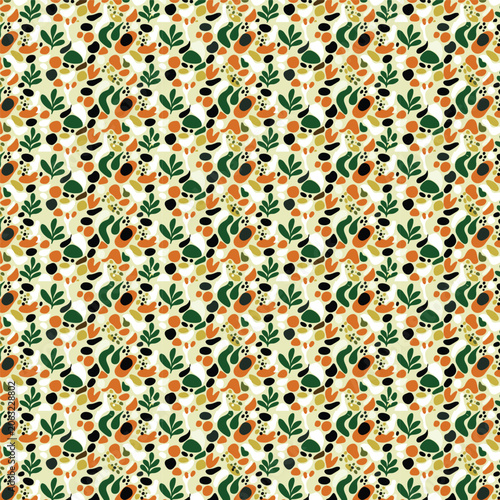 Seamless abstract terrazzo pattern with botanical leaves isolated on white background, modern repeating texture featuring organic colorful stone shapes, green foliage fronds, and mosaic elements for t