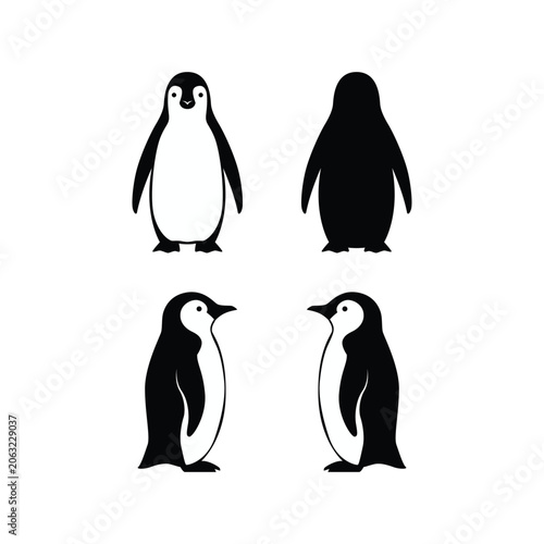 Penguin Icon Silhouette Front and Side View Illustration Set Collection