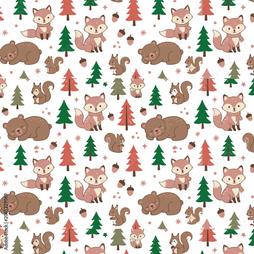 Seamless woodland animals pattern isolated on white background, cute cartoon repeating texture with sleeping bears, foxes, squirrels, pine trees, and acorns for kids nursery design