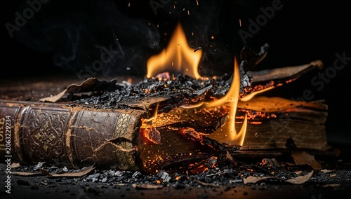 Burning Ancient Book with Flames and Glowing Embers in the Dark