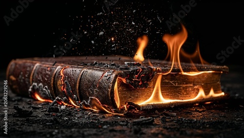 Burning Ancient Book with Flames and Glowing Embers in the Dark