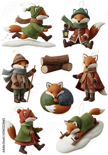 Vintage French Felt Fox Ornament Collection Isolated on Transparent Background