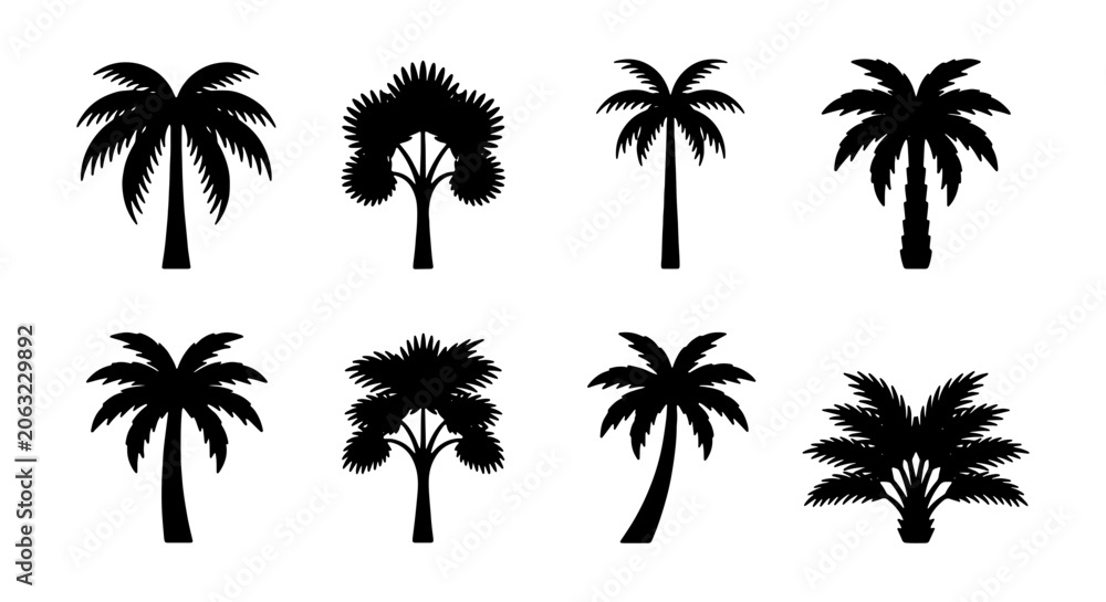 Fototapeta premium Palm Tree Silhouettes, Tropical Flora Vector Icons, Exotic Botanical Illustrations, Summer Vacation Elements, Black and White Graphic Set