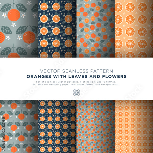 A set of eight seamless patterns featuring oranges, sliced ​​fruit, flowers, and leaves. Decorative flat style with botanical elements.