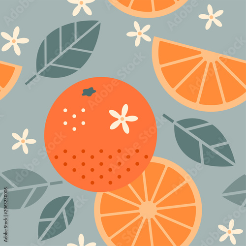 Seamless pattern with oranges, flowers, and leaves. Decorative flat style with botanical elements.