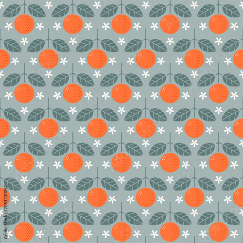 Seamless pattern with oranges, flowers, and leaves. Decorative flat style with symmetric botanical compositions.