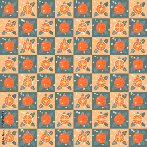 Seamless pattern with squares, oranges, flowers, and leaves. Decorative flat style with botanical elements.