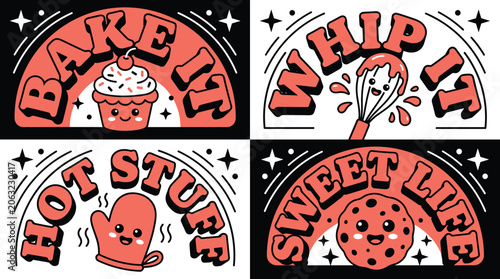 Φωτογραφία Four panel baking themed set featuring cute anthropomorphic cupcake, whisk, oven