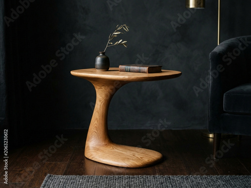 Modern Sculptural Wood Side Table with Vase and Book  

