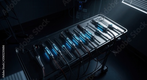 Advanced Medical Instruments With Glowing Blue Components On Tray