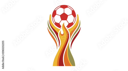 Fotografie A colorful illustration of a person holding a soccer ball trophy aloft in celebration