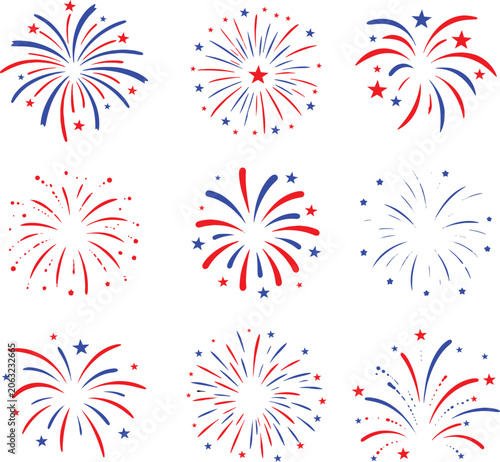 fireworks vector icon set red and blue bursts and stars 4th july anniversary