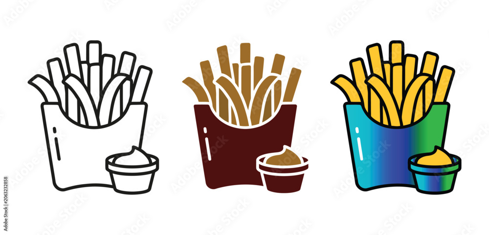 Fototapeta premium French fries with sauce vector icon set line and flat style