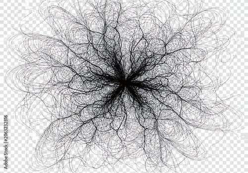 Abstract tangled black lines resembling roots or neural network