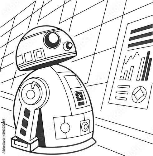 Foto Robot, Droid, Line Art, Black and White, Vector Illustration, Futuristic, Sci-Fi
