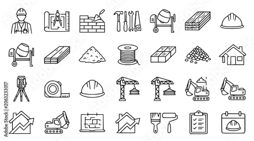 Construction vector bundle with worker blueprint bricks and engineering symbols