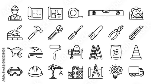 Construction building icon set with worker blueprint bricks and tools