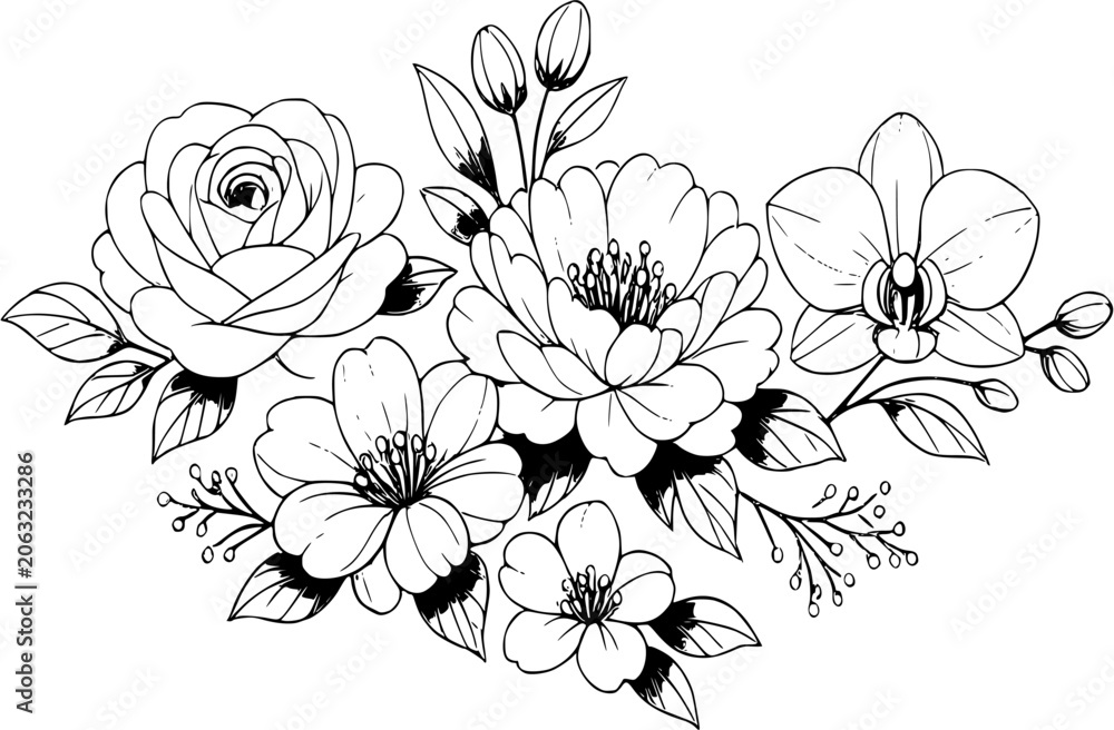 Obraz premium Beautiful hand drawn floral bouquet vector illustration isolated on white background.