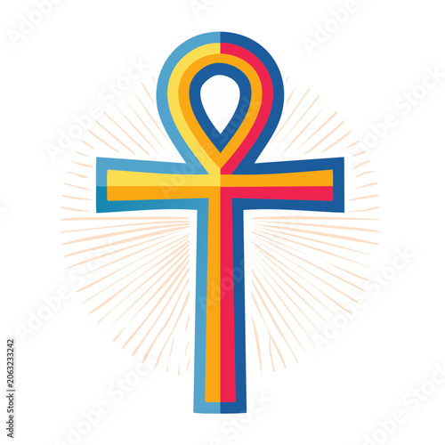 Colorful Ankh Symbol with Sun Rays