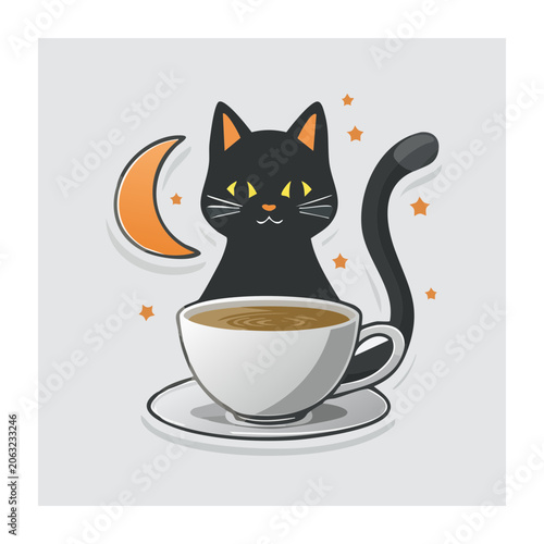 Black cat sitting in a coffee cup with moon and stars