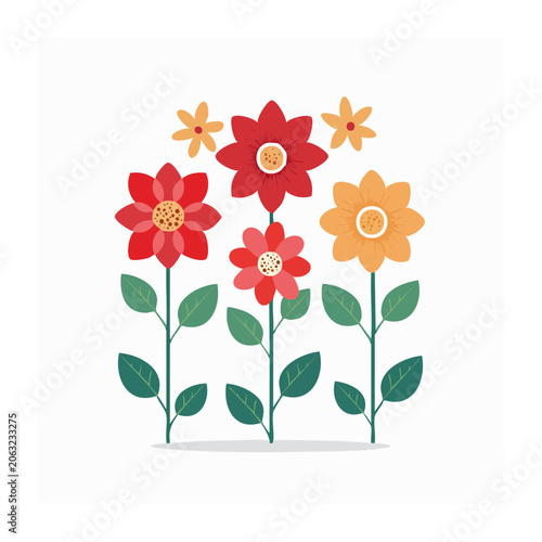 Colorful flat design flowers with green leaves