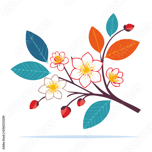 Colorful flat design flowering branch illustration