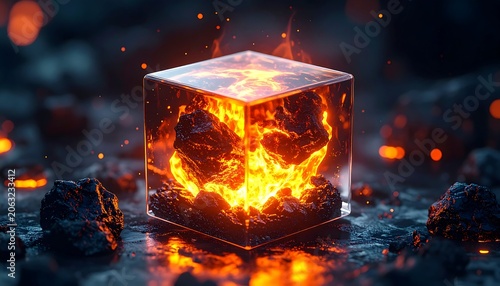 A glowing, transparent cube contains fiery, molten lava on a dark, rocky surface