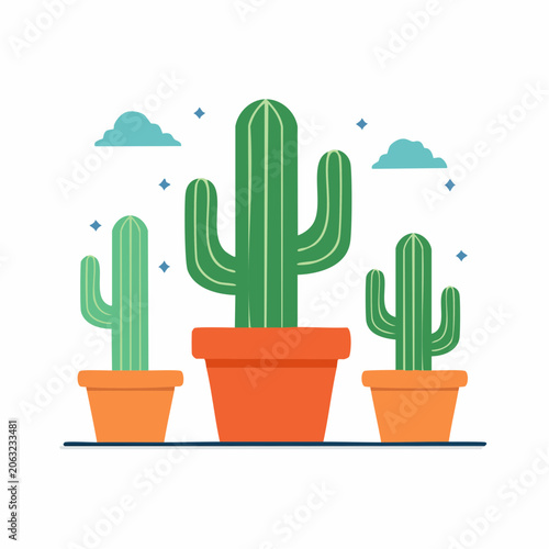 Three Potted Cactus Plants in a Row