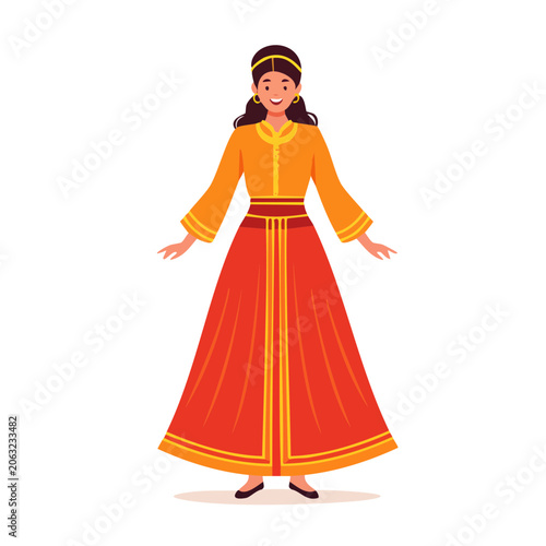 Woman in Traditional Orange and Red Folk Dress Illustration