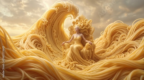 Pasta queen sitting on a throne made of noodles with giant spaghetti waves crashing in a surreal landscape. Creative food art concept featuring a female figure composed of cooked pasta strands.