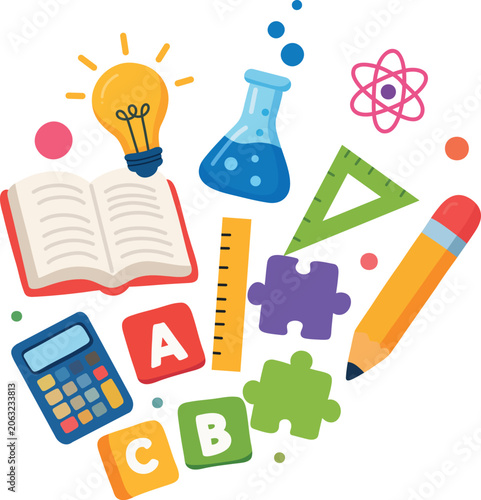 Educational school supplies collection with book, pencil, calculator, ruler, science flask, atom symbol and puzzle pieces. Colorful STEM learning vector illustration for education concepts.