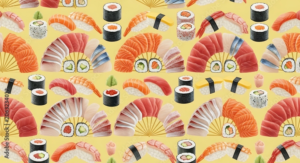 Fototapeta premium Vibrant Sushi and Sashimi Assortment Pattern, Japanese Food Art, Yellow Background