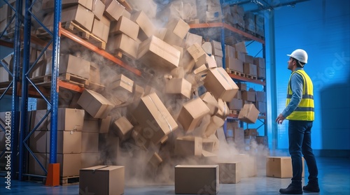 Logistics worker witnessing cardboard boxes falling from high storage shelves. Workplace accident and safety violation in distribution center.