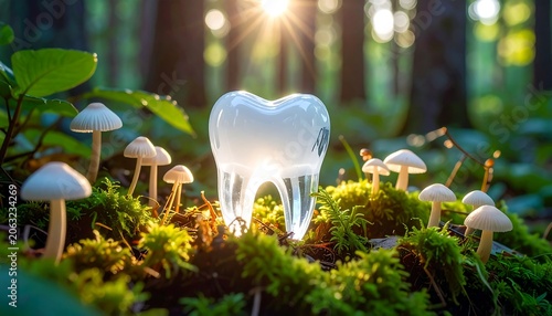 A glowing white tooth surrounded by mushrooms and moss in a forest