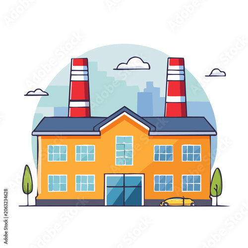 Flat design house with chimney and lawn