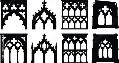 Foto Black Silhouette Gothic Tracery Window Designs with Ornate Arches, Quatrefoils,