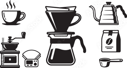 Bild auf Leinwand Coffee brewing equipment icons, black and white pour over coffee maker vector se