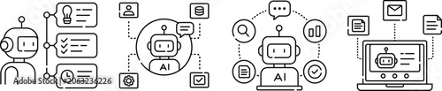 AI Agent Icons Set Vector Illustration, Autonomous Artificial Intelligence Assistant and Intelligent Automation Line Art Design