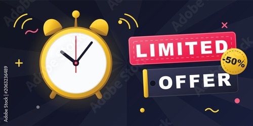 Bild auf Leinwand Limited Offer 50 Percent Off Sale Banner with Ringing Gold Alarm Clock