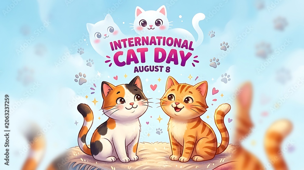 Fototapeta premium Adorable cartoon kittens celebrating international cat day with cute expressions and playful paw prints around them