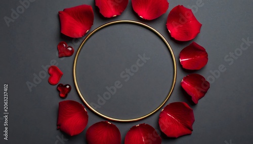 A gold circle surrounded by scattered red rose petals on a dark background