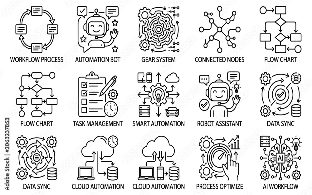 Obraz premium Workflow Automation and Business Process Thin Line Icons Set