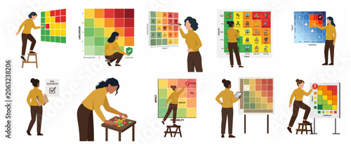 Foto Set of Professional Women Analyzing Risk Assessment Matrices and Business Heat M