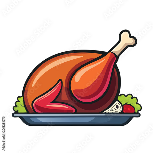 Cartoon Roast Turkey with Vegetables on a Platter