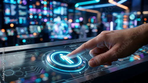 Technology, futuristic interface, glowing button, hand interacting, digital screen isolated on Transparent Background
