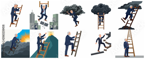 Businessman overcoming career challenges and climbing corporate ladder concepts set
