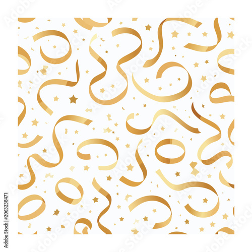 Gold party streamers and stars seamless pattern