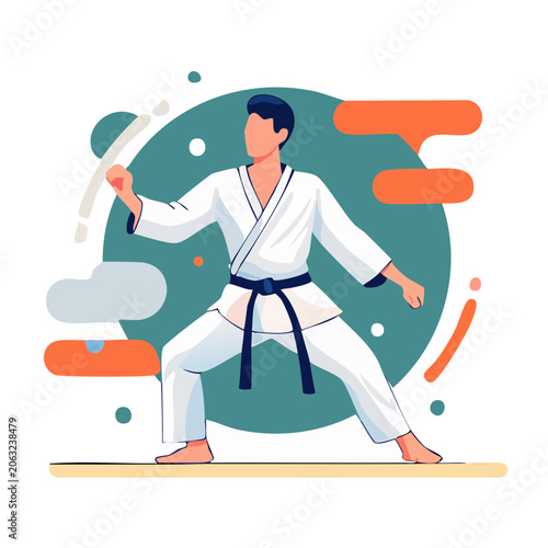 Karate fighter in action pose, flat vector illustration