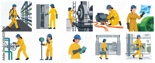 Set of flat vector illustrations of female power plant workers and engineers performing maintenance, inspection, and technical tasks at a hydroelectric power plant facility.